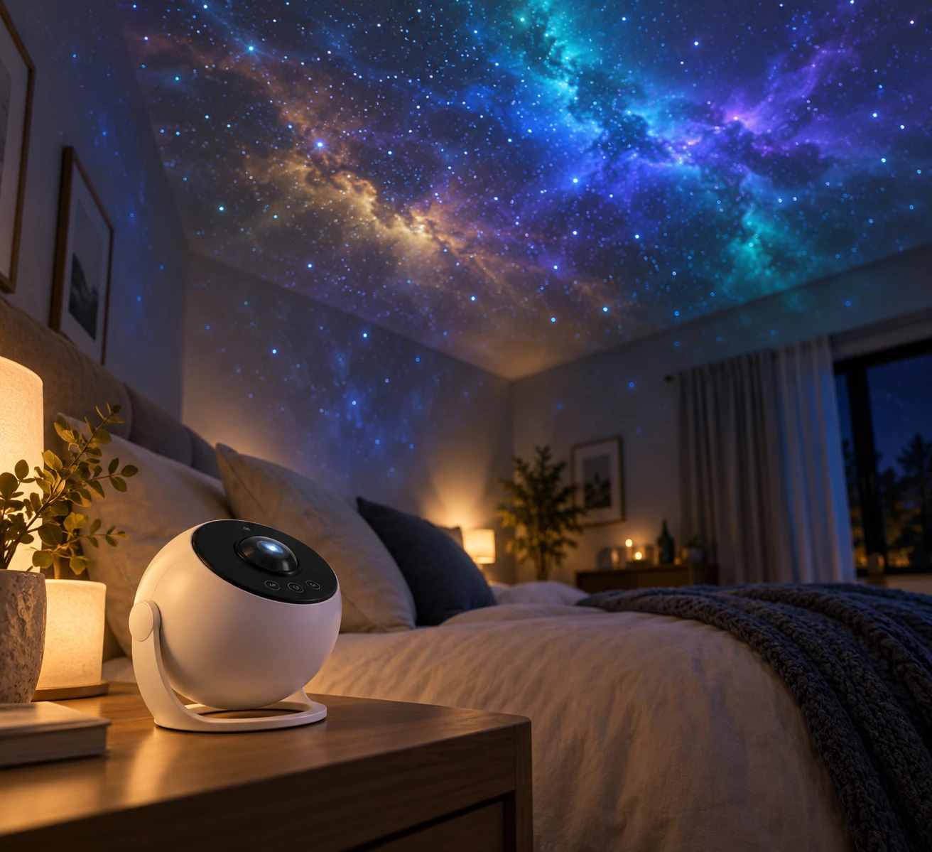 Galaxy projector on a nightstand projecting a starry sky onto the ceiling